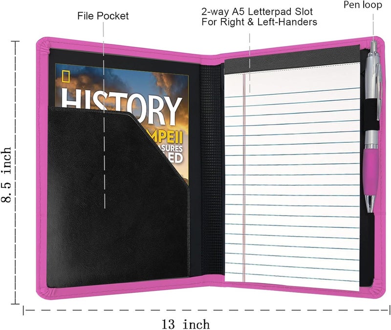 Konper Classic Padfolio/Junior Portfolio Folder Case, Business A5 Binder Organizer Notepad for Men Women, 5 x 8 Writing Pad Included, Rose Red - Image 2